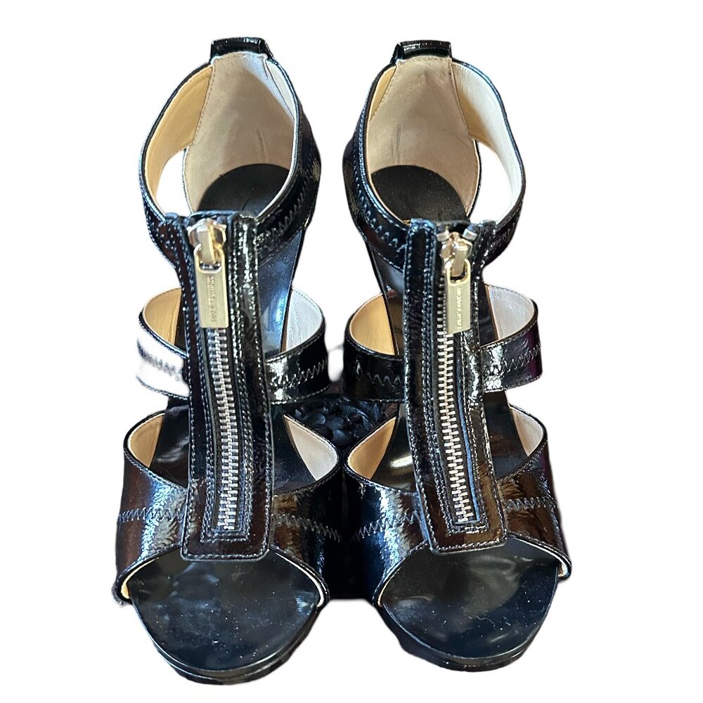 MICHAEL KORS Black Patent Leather Zipped Sandals Heels – 7.5